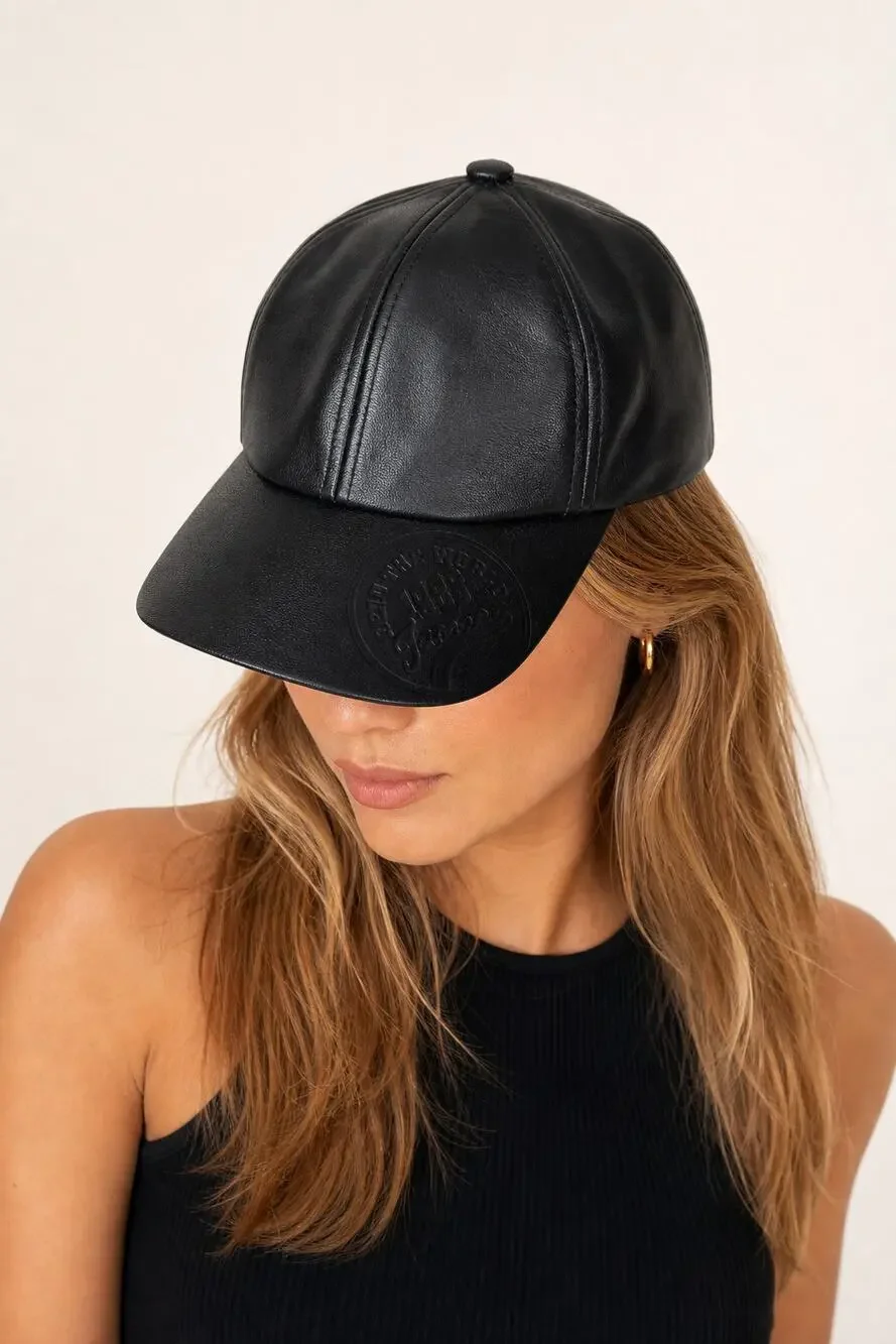Black Faux Leather Adjustable Baseball Cap - Picture 1 of 4